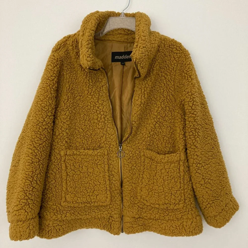 Madden Teddy Bear Jacket Size L Mustard Full Zip Pockets Lined Long Sleeve - Picture 5 of 13